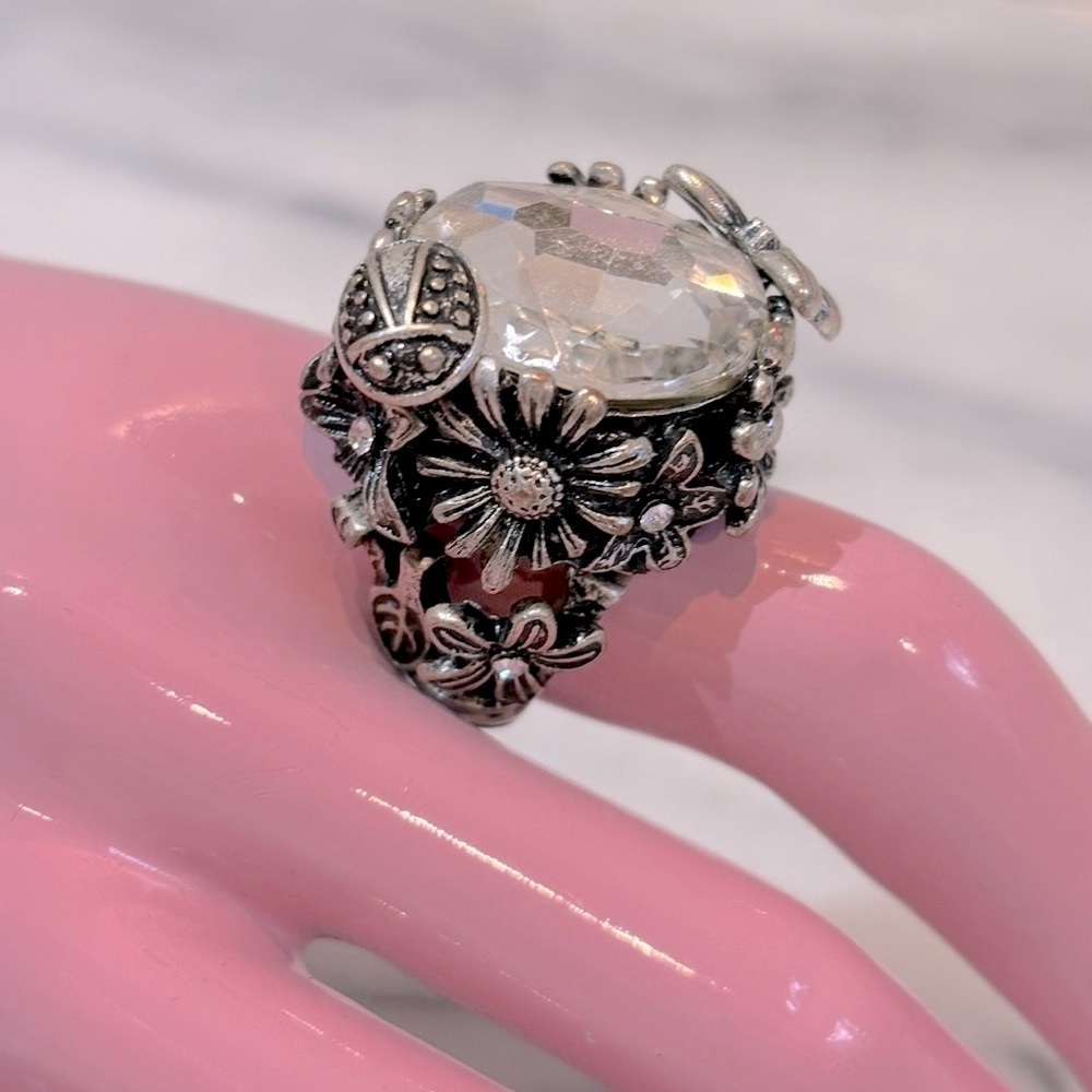 Chunky Flower‎ & Ladybug Antique Silver Tone Crystal Costume Ring Stretch Band